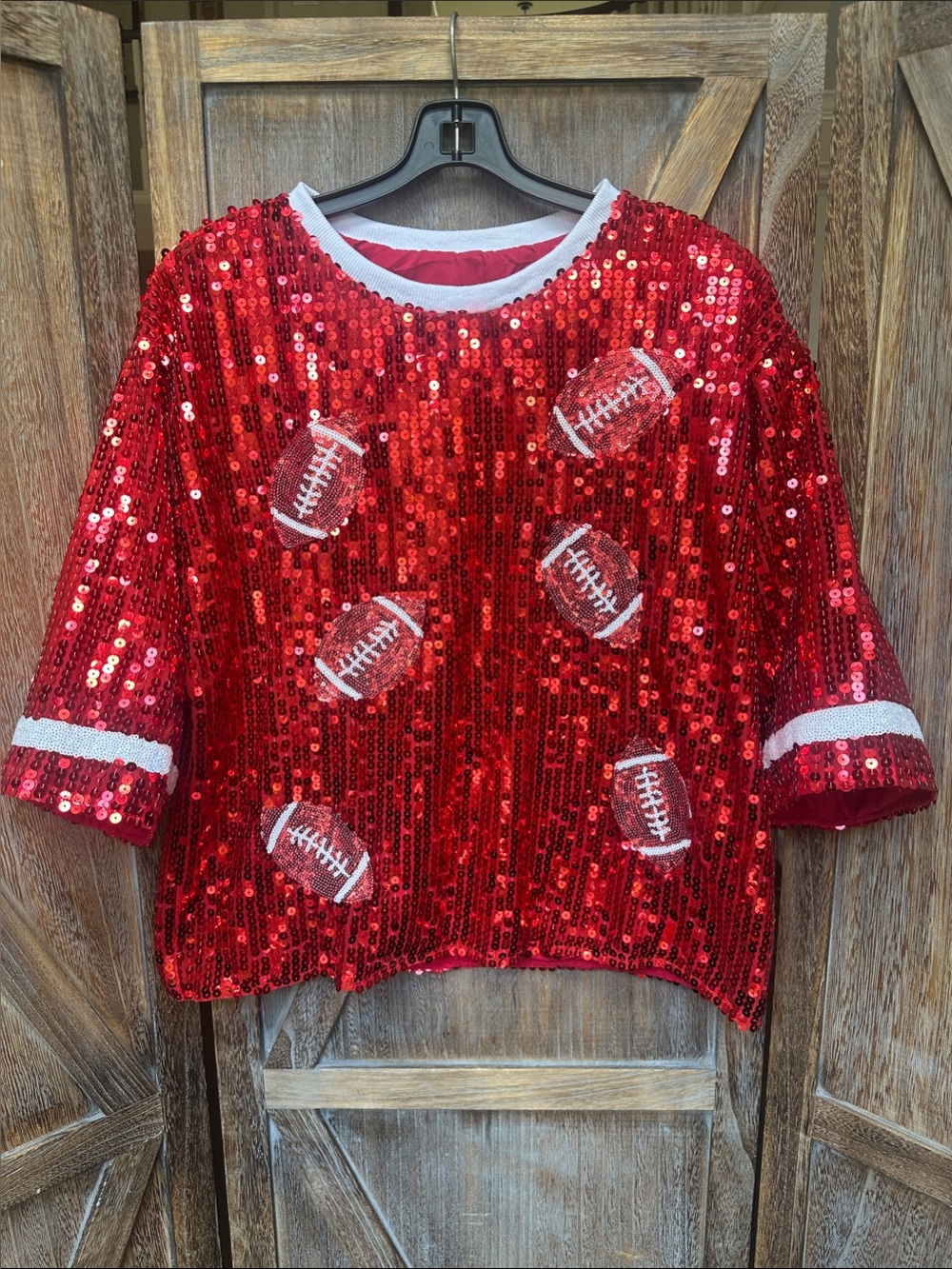Red and White Sequin Football-Accent Women's Top Size Medium